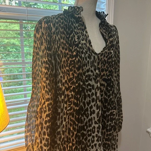 Ganni Leopard Print Pleated Georgette Long Sleeve Minidress - Picture 3 of 6